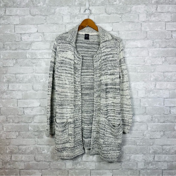Gap Open Front Knit Cardigan Sweater Notch Neck Collar Pockets Large White Black - Picture 9 of 10